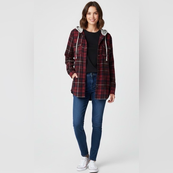 New Look Tops - New Look Women's Hooded Plaid Flannel Shirt - Red & Black - Size Large
